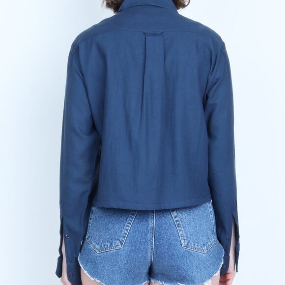 Vintage 70s Wool / Cotton Crop Navy Button Up Shirt M - Picture 3 of 6